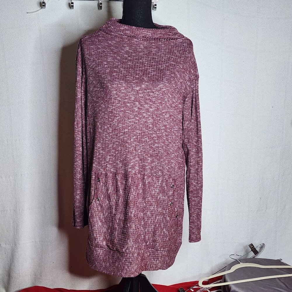 Mai Soli Maroon White Rayon Poly Span LS Mock Neck Kangaroo Pocket Sweater Sz L